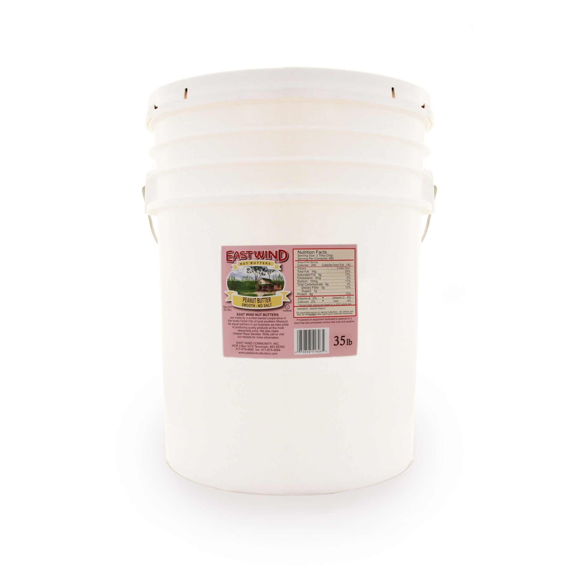 A 35 pound bucket of East Wind Nut Butters' Valencia peanut butter, smooth with salt.