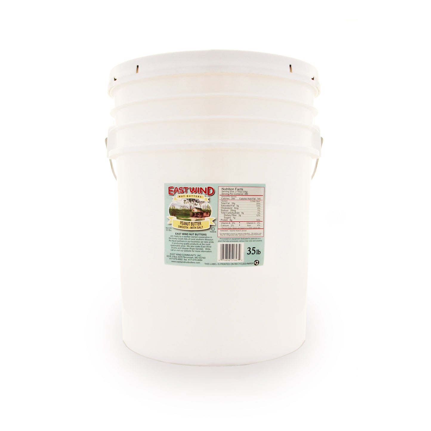 A 35 pound bucket of East Wind Nut Butters' Valencia peanut butter, smooth with salt.