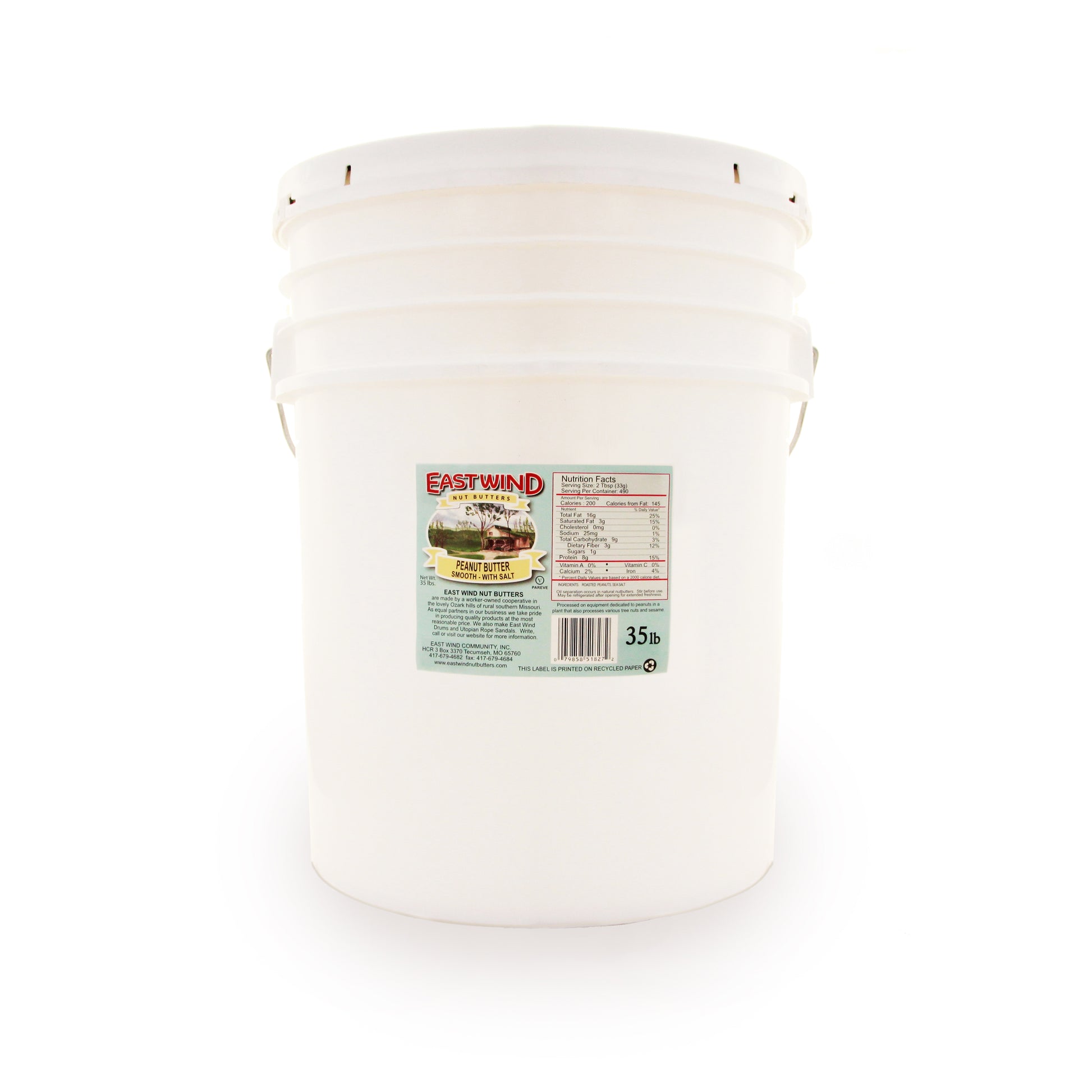 A 35 pound bucket of East Wind Nut Butters' Valencia peanut butter, smooth with salt.